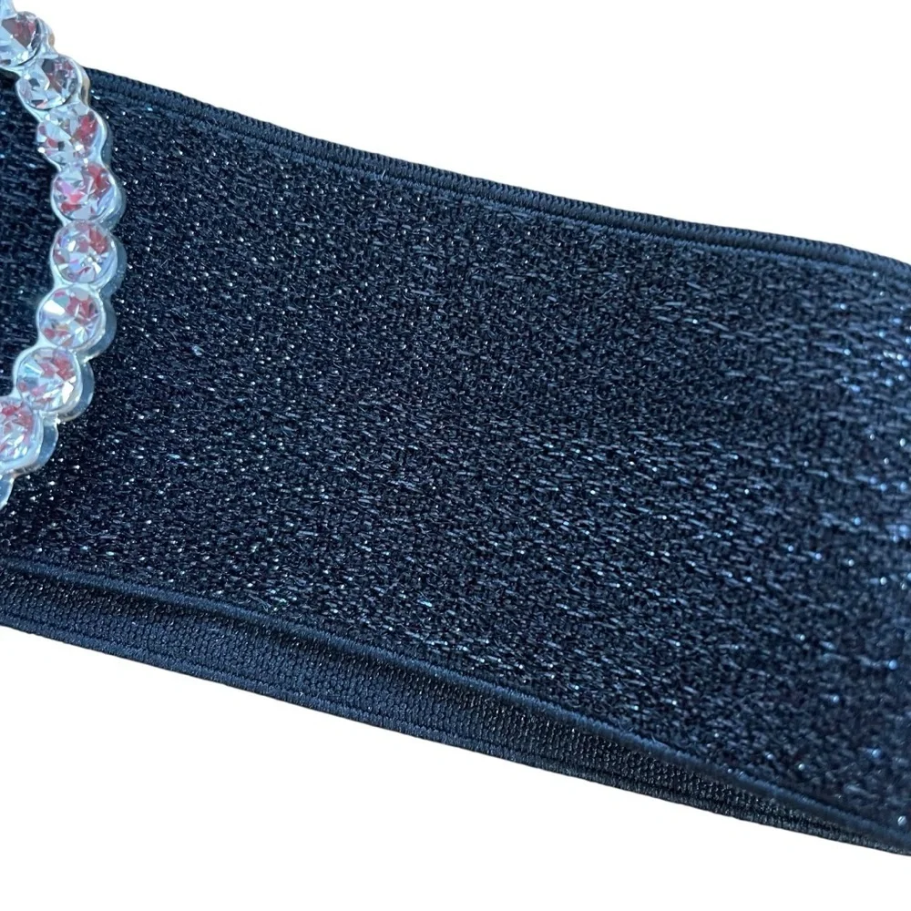 By Debra Belt Black Silver Glitter Shimmer CZ Removable Buckle Elastic Stretch